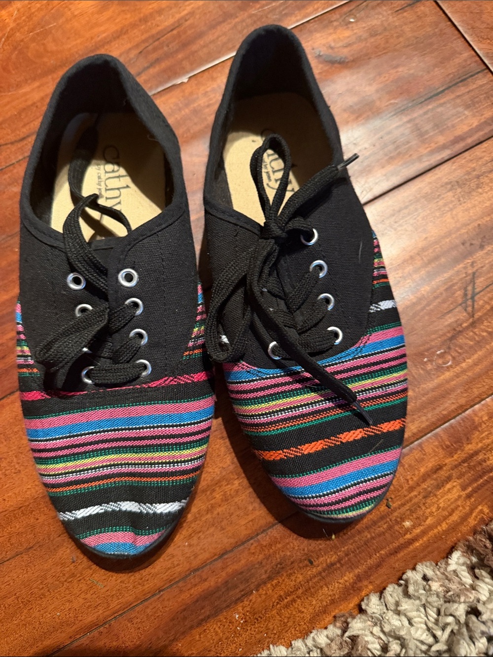 Cathy Jean Black Multicolor Striped Canvas Flats